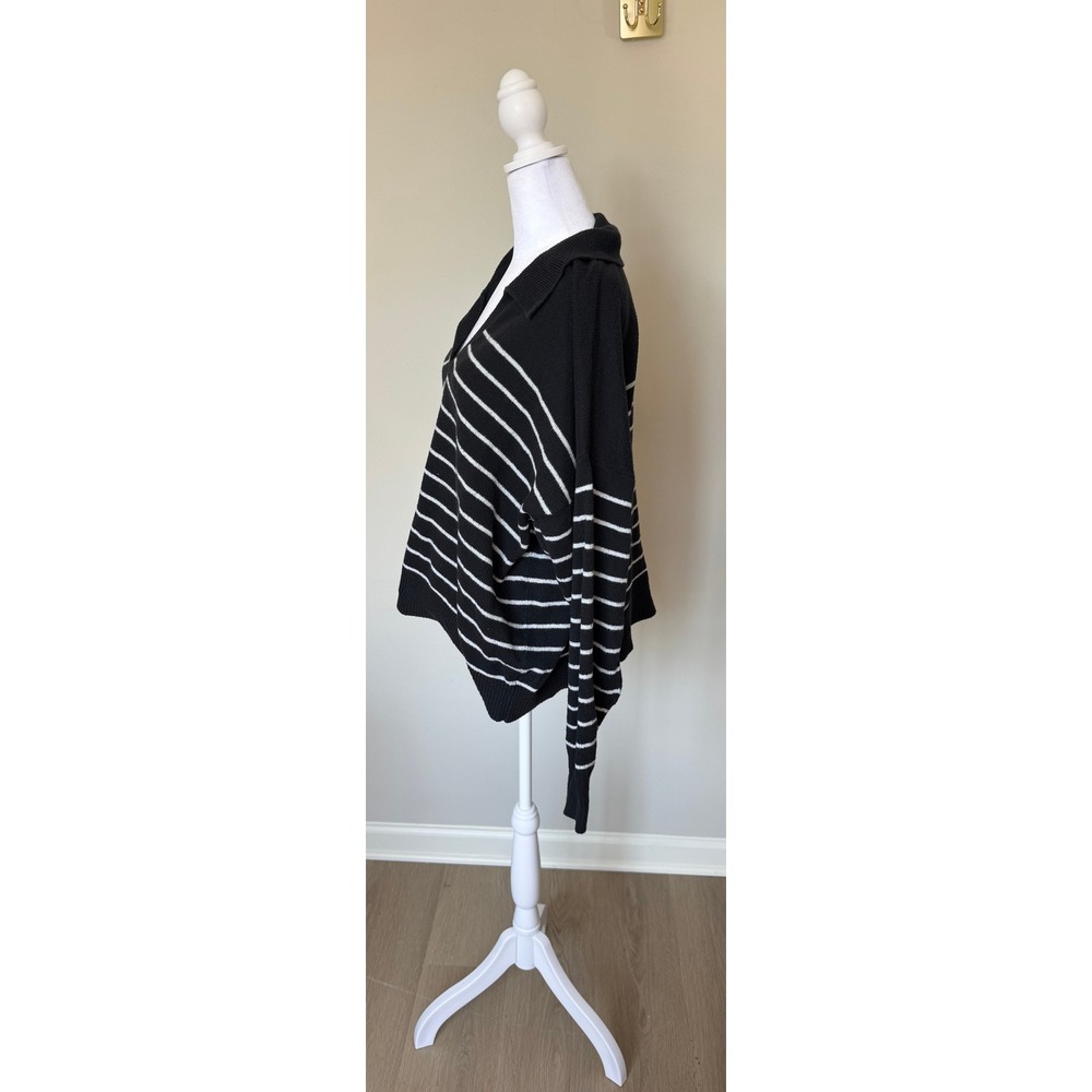 Black White‎ Striped Polo Collar V-Neck Oversized Knit Sweater Long Sleeve - Picture 5 of 9